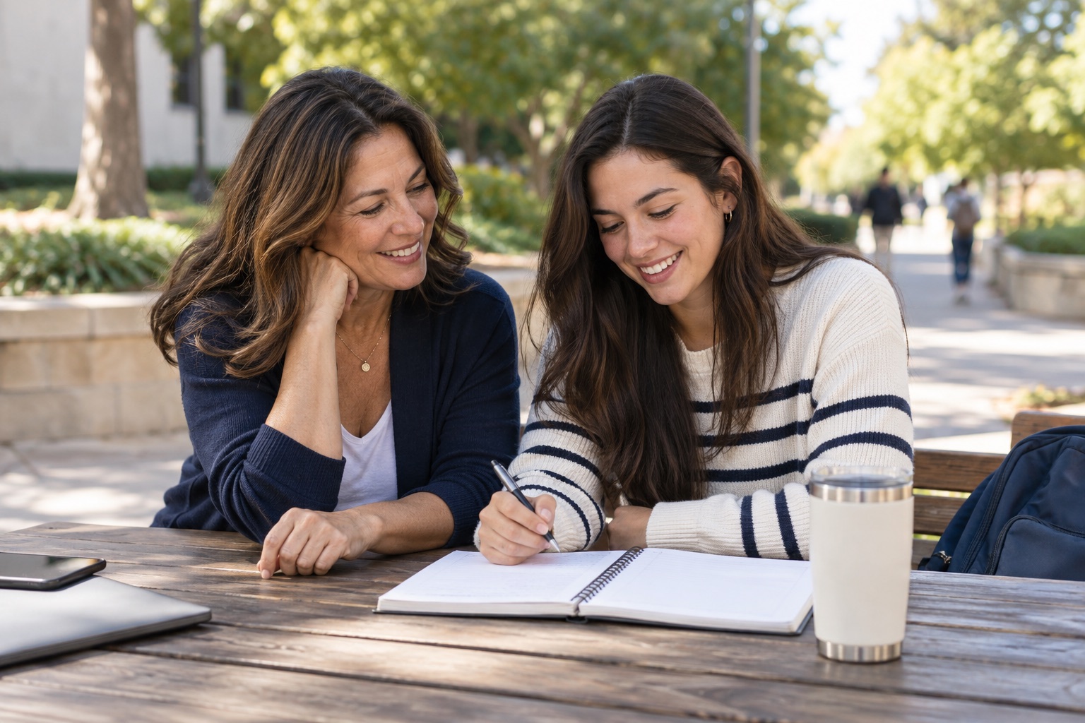A parent and adult college student reviewing a notebook together outdoors.